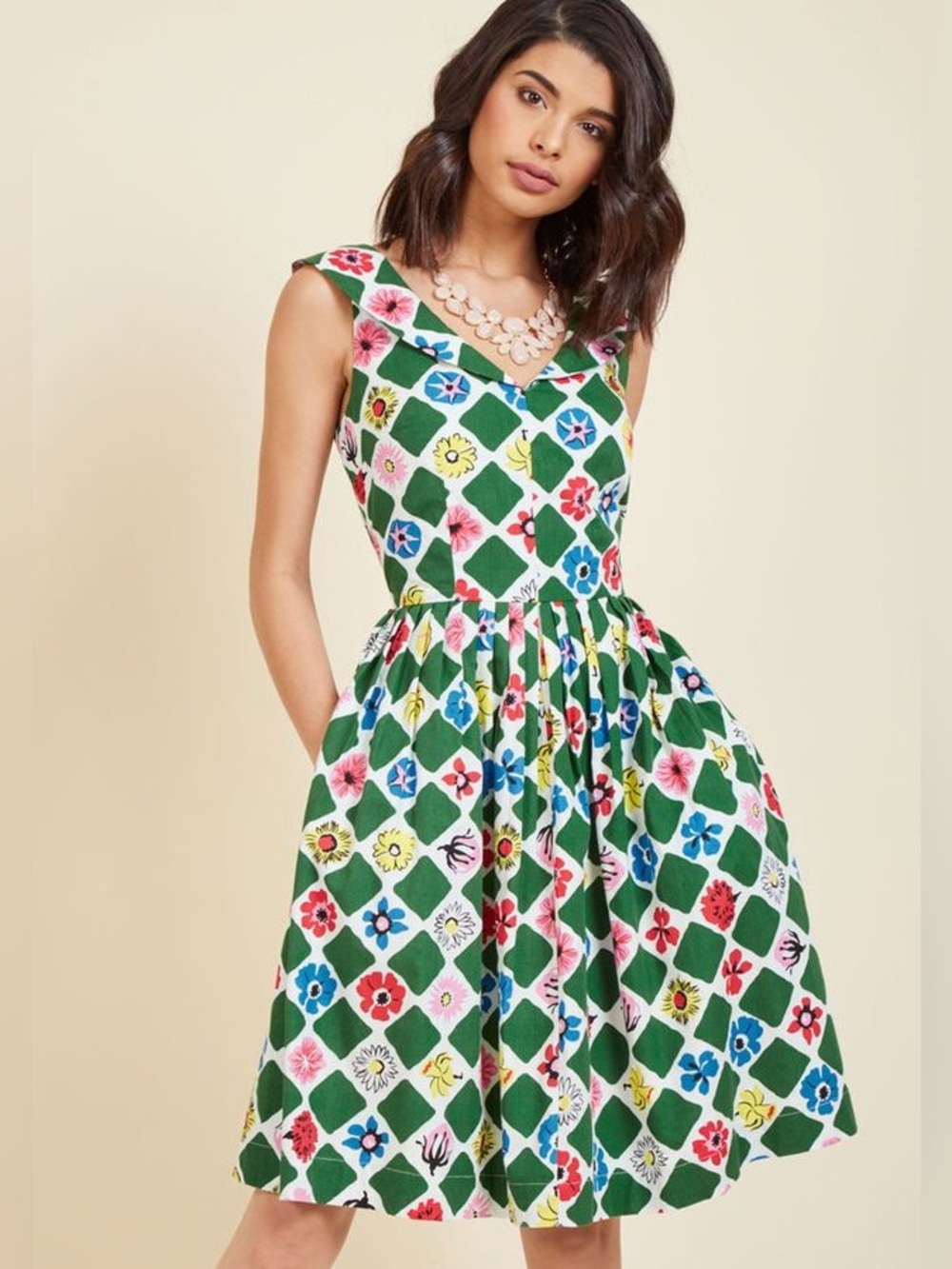 Emily & Finn Green Retro Diamond Floral Sleeveless Fit & Flare Dress Size XS
